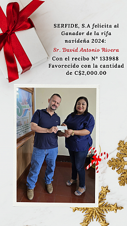 Ganador de la Rifa Navideña 2024: Sr David Antonio Rivera. Con el recibo 133988